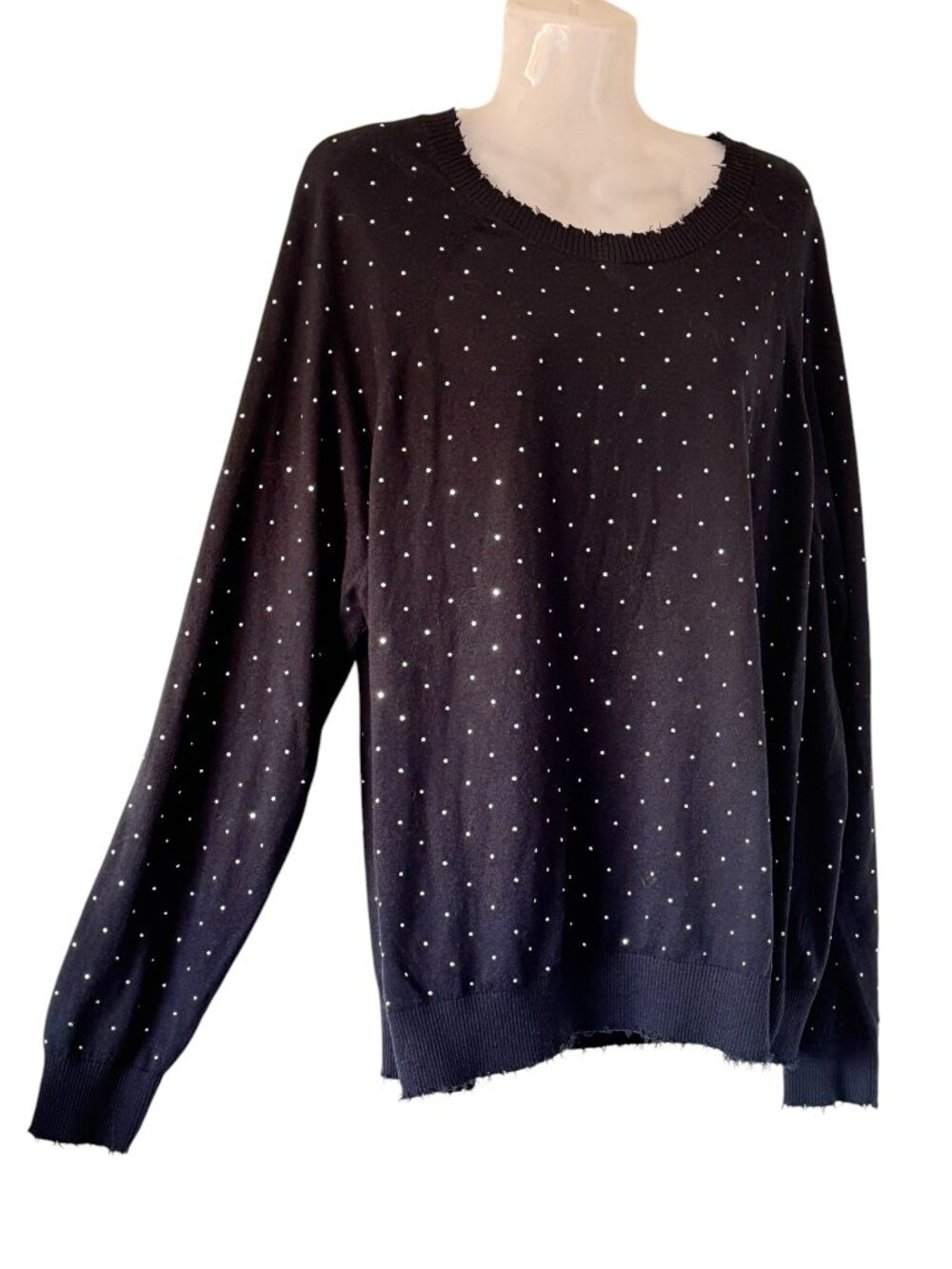 NEW MinnieRose Cashmere Sweater Frayed Edge Crew Black Silver Tone Beads Med - Picture 2 of 12